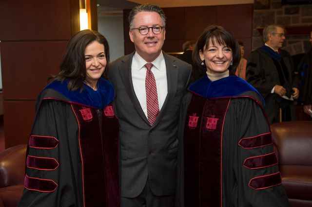 Virginia Tech President Tim Sands with Facebook COO Sheryl Sandberg and Facebook Vice President of engineering Regina Dugan before the start of Friday's ceremony.