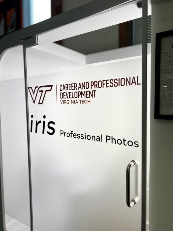 door of iris photo booth in Smith Career Center, showing this is provided by Career and Professional Development