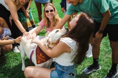 A yellow Labrator retriever rests its head on the chest of a woman while a group of other people reach in to pet it.