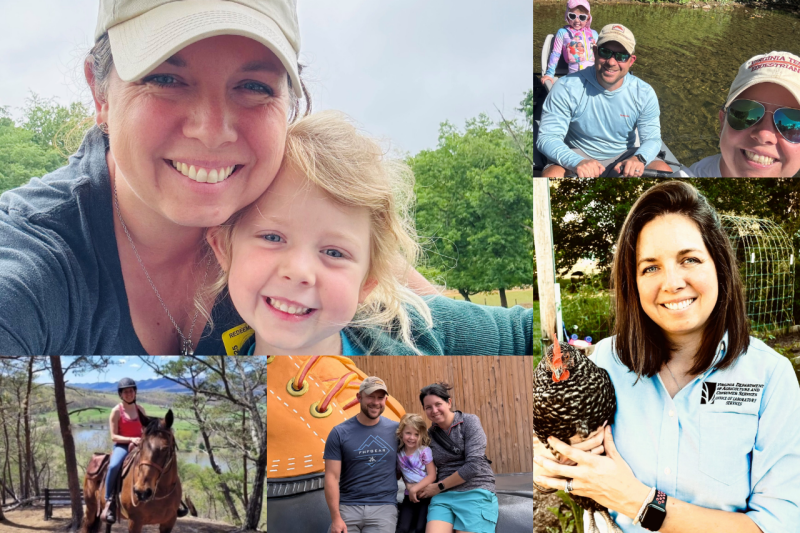A collage of photos of Jessica Walters, her husband, her child, and her horse