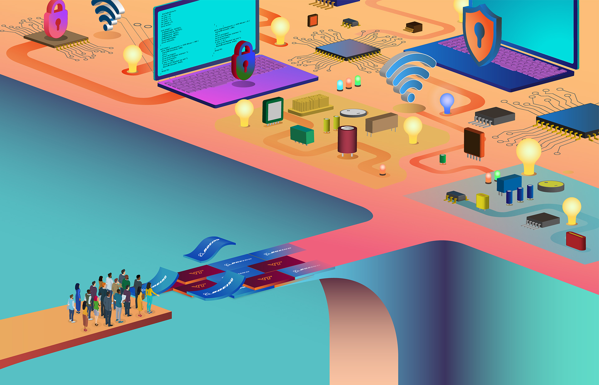 Boeing / Virginia Tech Partnership Illustration shows people connecting with technology