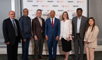 Left to right: Reza Ghanadan, senior principal scientist, Amazon Alexa and the new Amazon center liaison for the Amazon-Virginia Tech initiative; Shehzad Mevawalla, vice president of Alexa Speech Recognition, Amazon Alexa; President Tim Sands; Lance Collins, vice president and executive director, Innovation Campus at Virginia Tech; Julie Ross, the Paul and Dorothea Torgerson Dean of Engineering; Naren Ramakrishnan, the Thomas L. Phillips Professor of Engineering and director of the Amazon-Virginia Tech initiative; and Wanawsha Shalaby, manager of Operations for the Sanghani Center.