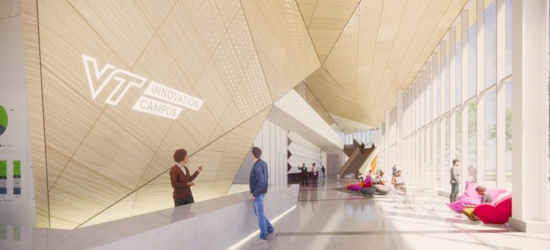 Rendering of Virginia Tech's Innovation Campus building lobby. On the left of the picture is a gray welcome desk. The right side of the picture is a wall of windows.