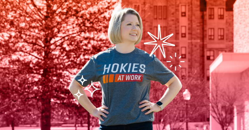 Model in grey shirt with maroon, orange, and white Hokies at Work logo