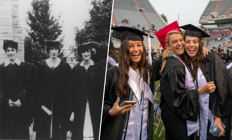 An image of the first female graduates along side a current photo of female grads
