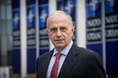 Deputy Secretary General of the North Atlantic Treaty Organization (NATO) Mircea Geoană faces the camera
