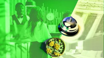 Collage of a hotel check-in scene, room interior, service bell, cannabis buds, and a U.S. currency backdrop overshadowed by a green color hue