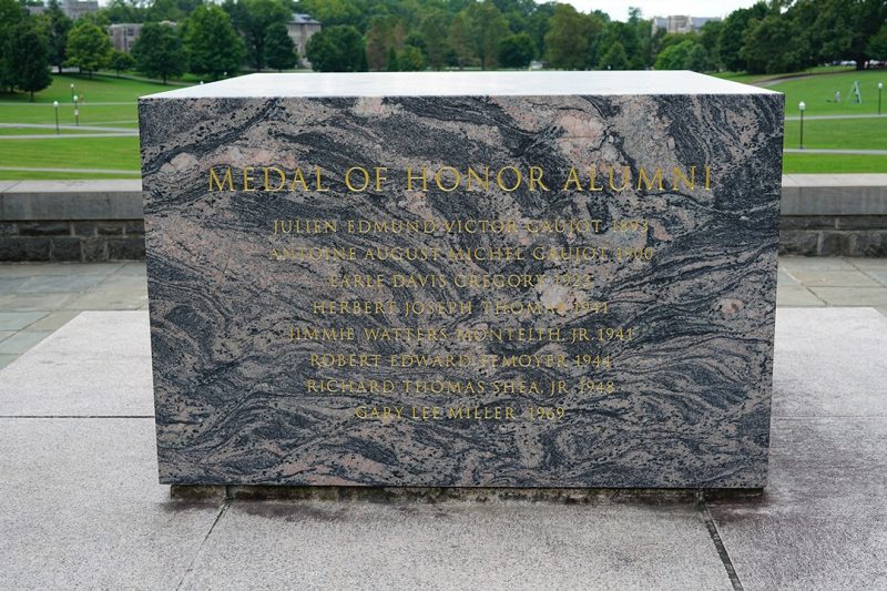 The marble cenotaph at War Memorial Court is etched with the names of Virginia Tech's eight Medal of Honor recipients.