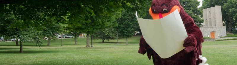 The hokie bird is lost and looking at a map.