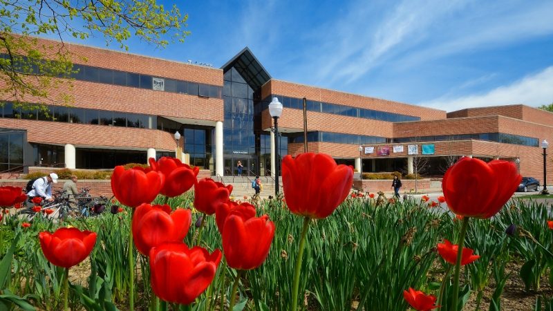 Campus scenic, spring flowers, students on campus, Squires Student Center