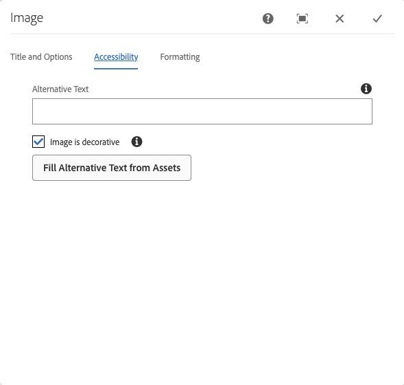 Accessibility configuration tab with Image is decorative checkbox active